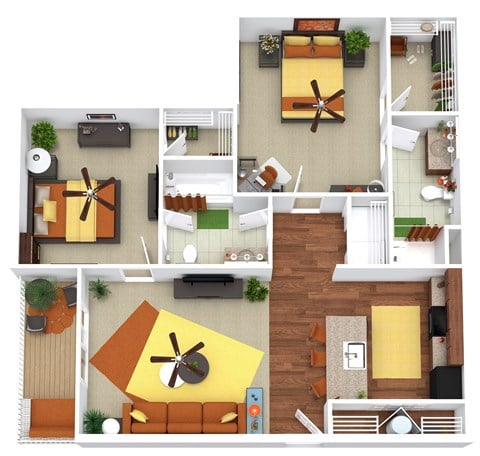 Floor plan for 2 beds, 2 baths, 1033 sqft